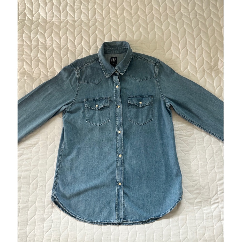 Gap Western Denim Snap Front Shirt Medium Tall Light Wash Blue Excellent